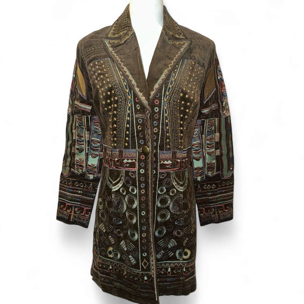 Pamela McCoy Multicolor Embroidered Faux Suede Midi Length Coat Size XS